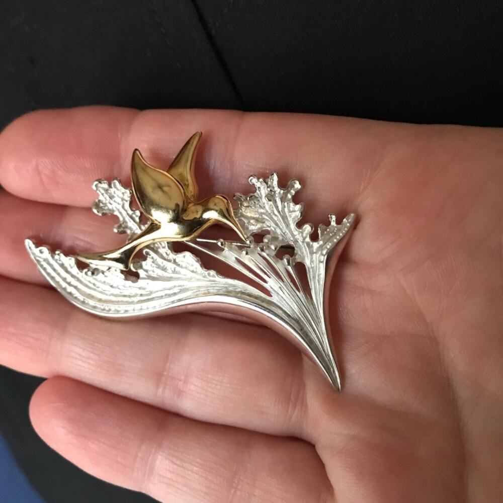 Brutalist Modernist Sterling/Gold Wash Hummingbird 925 FB brooch/pin 2"x2.5" - Picture 7 of 8